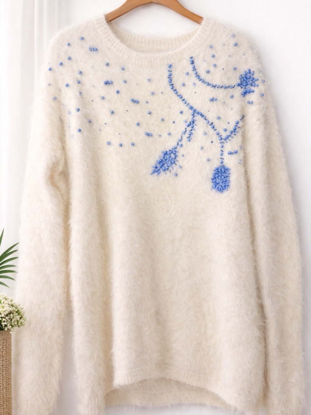 Cream Fuzzy Embellished Crewneck Sweater with Blue Bead Detail